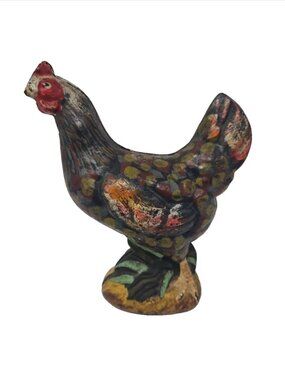 Antique Cast Iron Chicken Hen Rooster Still Coin Bank Multicolor Hand Painted 6"